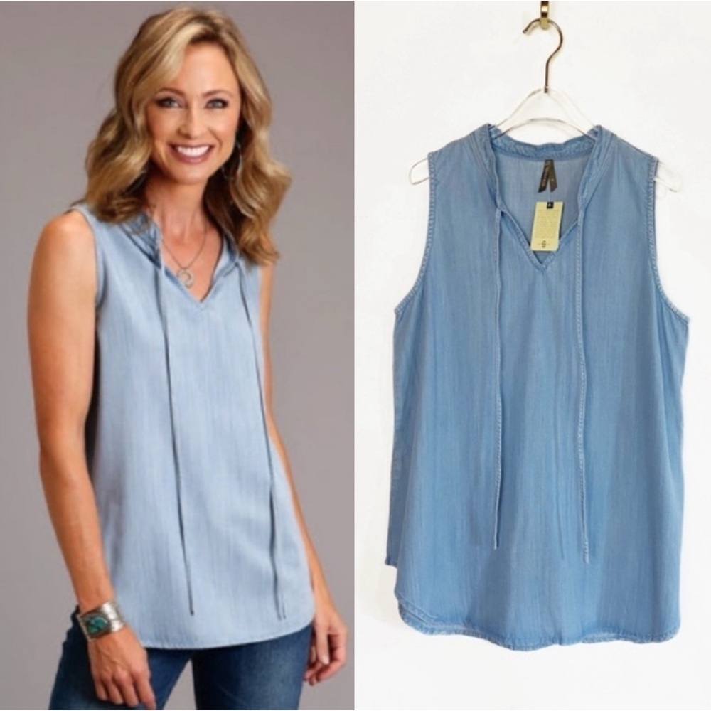 Stetson NWT Blue Denim Self Tie V neck sleeveless Womens size XL